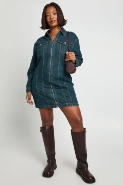 Robe chemise zippée en denim Plus