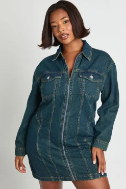Robe chemise zippée en denim Plus