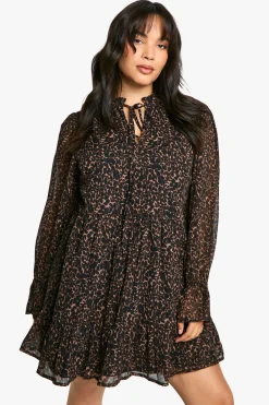 boohoo Robe chemisier en chiffon grande taille à imprimé animal<Femme Robes Babydoll|Robes À Manches Longues