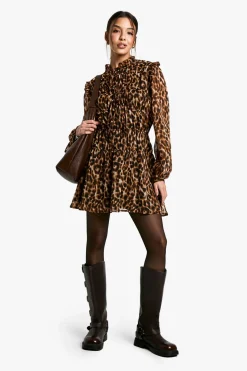 Robe chemisier en chiffon à imprimé léopard