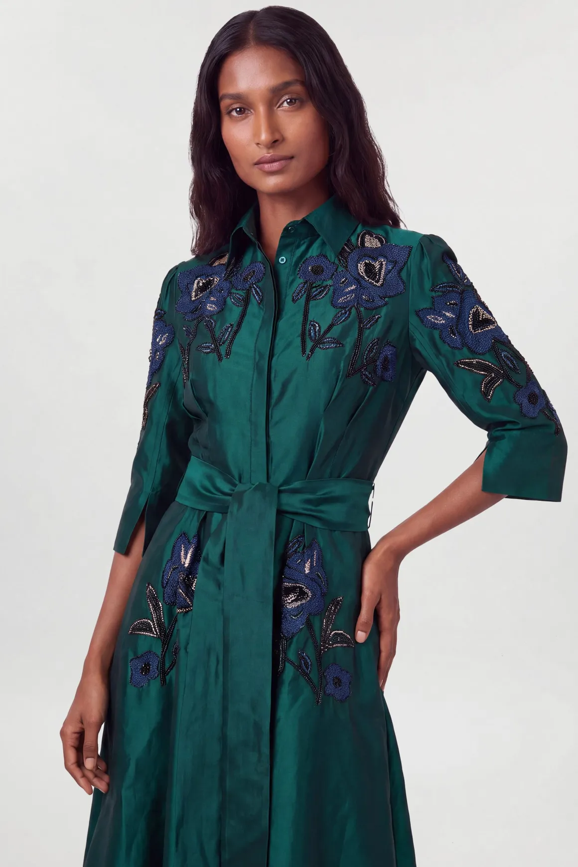 Robe Chemisier en Taffetas Tissé Ornée