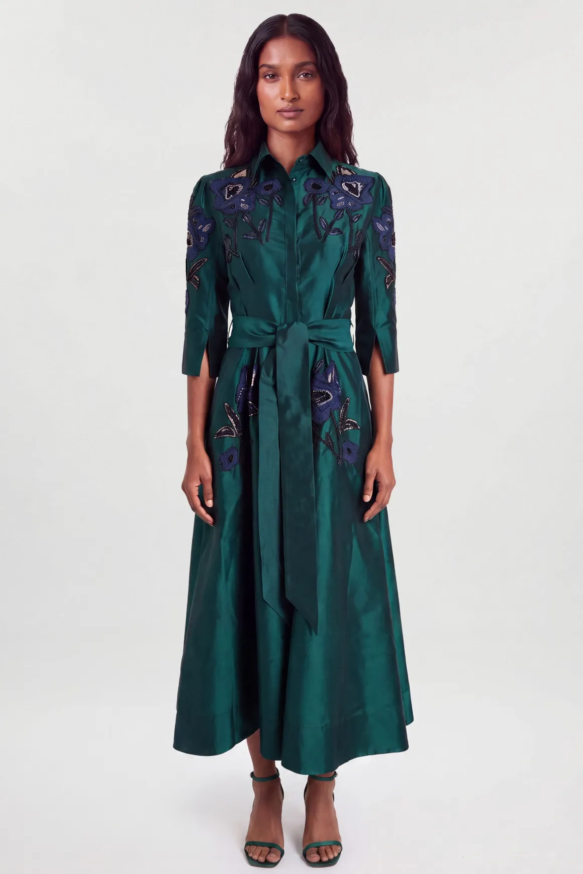 Robe Chemisier en Taffetas Tissé Ornée