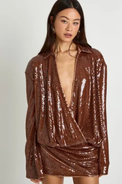 Robe chemisier longue à sequins drapée à manches évasées
