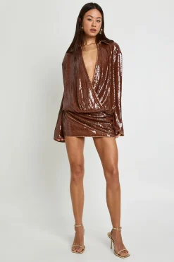 Robe chemisier longue à sequins drapée à manches évasées