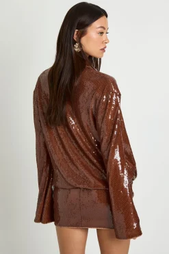 Robe chemisier longue à sequins drapée à manches évasées