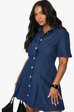 Robe chemisier plissée boutonnée en denim Plus