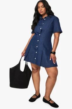 Robe chemisier plissée boutonnée en denim Plus