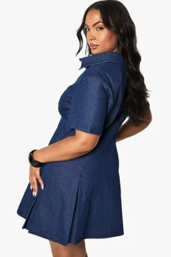 Robe chemisier plissée boutonnée en denim Plus