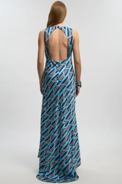 Robe À Col Bénitier En Satin Martelé Imprimé Chaîne