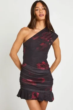 Robe Courte Asymétrique Froncée À Imprimé Floral Pour Grande Taille