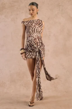 Robe Courte Asymétrique À Imprimé Animal Avec Épaule Dénudée Et Nœud Frontal
