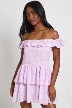 boohoo Robe Courte Bardot À Fleurs Texturées<Femme Robes Patineuses|Robes