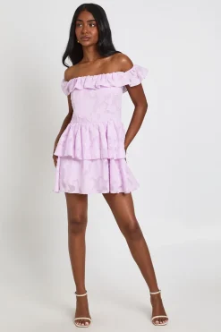 boohoo Robe Courte Bardot À Fleurs Texturées<Femme Robes Patineuses|Robes