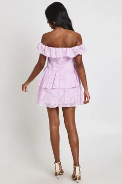 boohoo Robe Courte Bardot À Fleurs Texturées<Femme Robes Patineuses|Robes