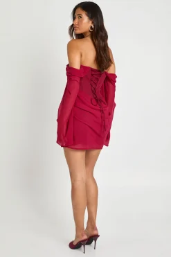 boohoo Robe Courte Bardot À Manches Évasées Et Détail Corset<Femme Robes Corset|Robes Moulantes