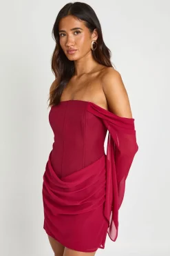 boohoo Robe Courte Bardot À Manches Évasées Et Détail Corset<Femme Robes Corset|Robes Moulantes