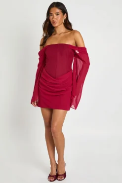 boohoo Robe Courte Bardot À Manches Évasées Et Détail Corset<Femme Robes Corset|Robes Moulantes