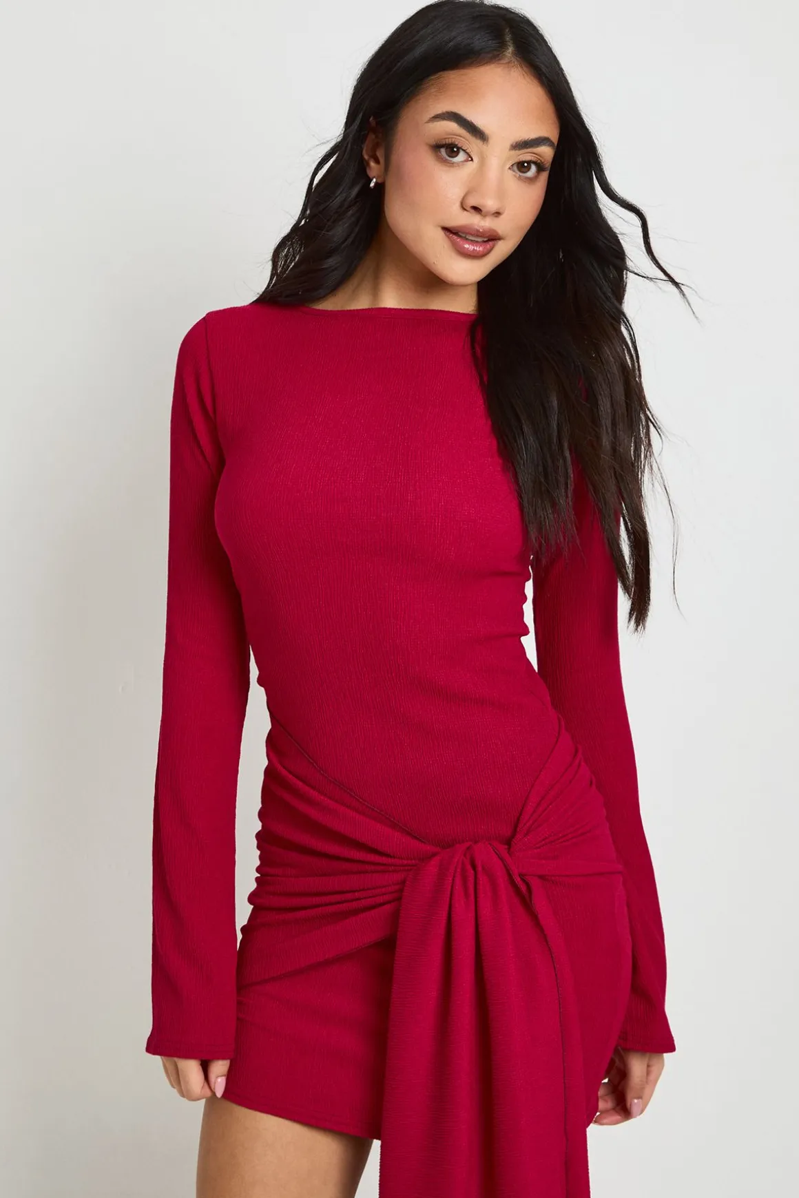 Robe Courte Cache-cœur Texturée Avec Nœud Devant