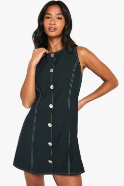Robe Courte Cintrée Sans Manches Petite Taille Avec Boutons Dorés