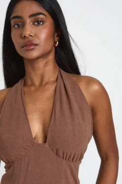 boohoo Robe Courte Col Licou Buste Froncé Effet Lin<Femme Robes Patineuses|Robes