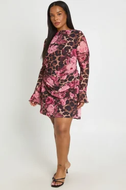 Robe Courte Droite Froncée Grande Taille À Imprimé Léopard Et Floral