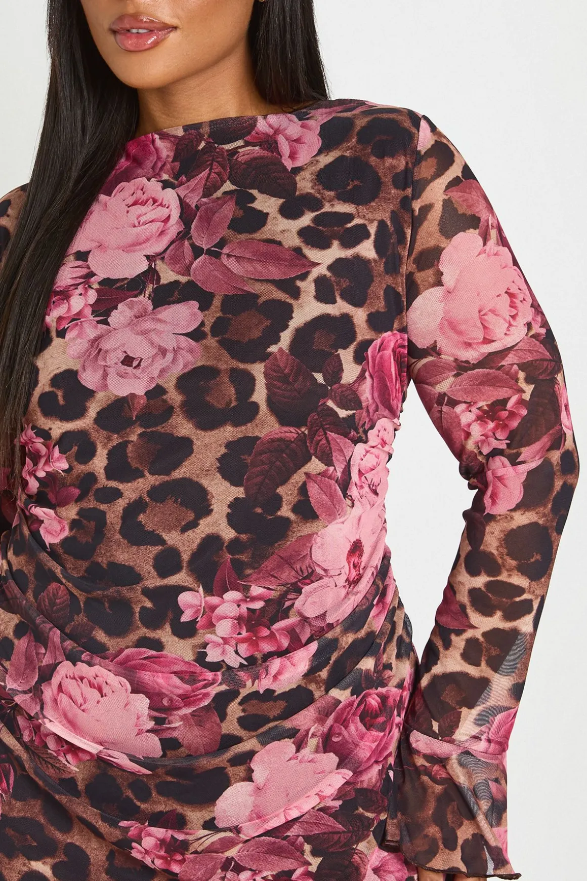 Robe Courte Droite Froncée Grande Taille À Imprimé Léopard Et Floral
