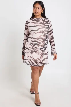 Robe Courte Droite Froncée À Imprimé Zèbre Grande Taille
