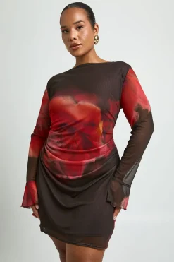 Robe Courte Droite Froncée À Imprimé Floral Grande Taille