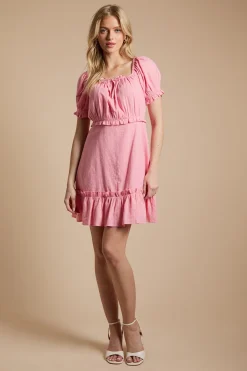 Robe Courte En Coton À Manches Bouffantes Avec Détail Noué