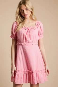 Robe Courte En Coton À Manches Bouffantes Avec Détail Noué