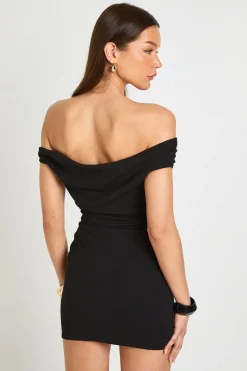 Robe Courte En Crêpe Jersey À Encolure Bardot Et Taille Froncée