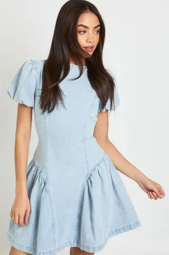 Robe Courte En Denim À Manches Bouffantes