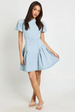 Robe Courte En Denim À Manches Bouffantes