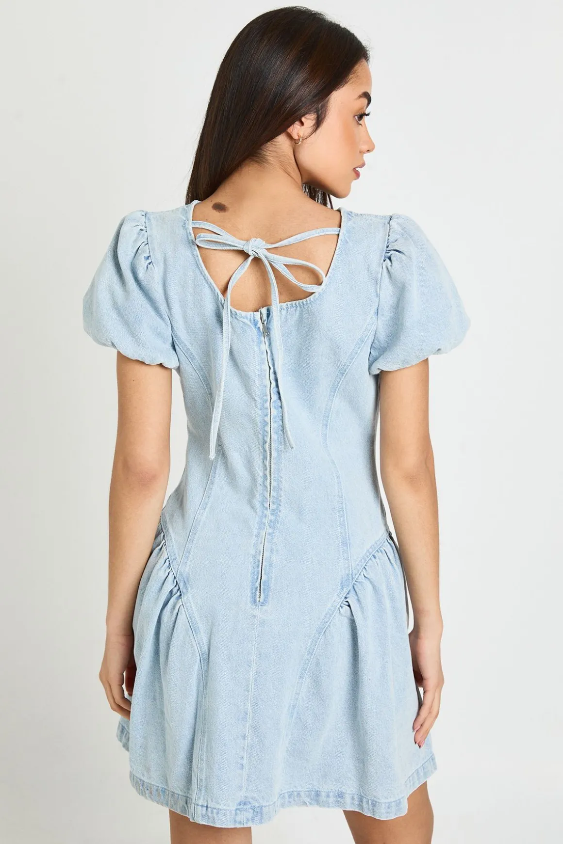 Robe Courte En Denim À Manches Bouffantes