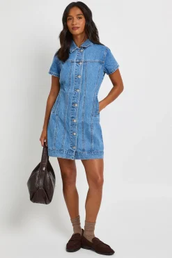 boohoo Robe Courte En Denim Western À Manches Courtes Petite<Femme Denim|Denim