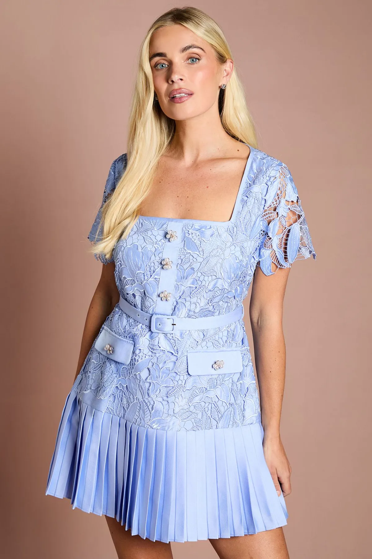 Coast Robe Courte En Dentelle Et Satin À Encolure Carrée Avec Boutons Perle Petite<Femme Robes Mi-Longues|Satin Et Dentelle