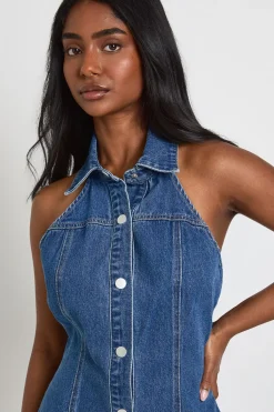 boohoo Robe Courte En Jean Cintrée À Encolure Américaine Et Boutonnage Devant<Femme Denim|Denim
