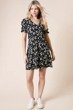 Robe Courte En Jersey À Manches Courtes Et Col En V Motif Marguerites