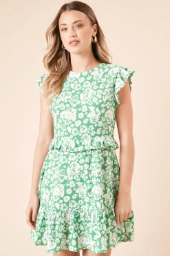 Robe Courte en Jersey Vert à Motif Fleuri avec Détails Volantés