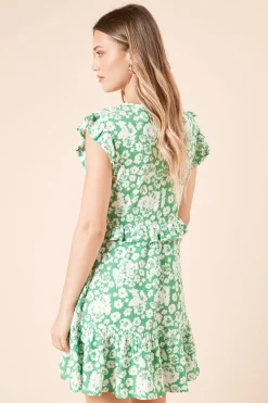 Robe Courte en Jersey Vert à Motif Fleuri avec Détails Volantés