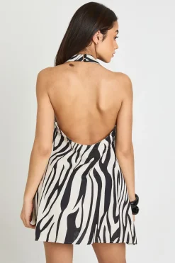 Robe Courte En Lin À Motif Zèbre Avec Encolure Américaine
