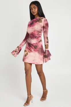 Robe Courte En Maille À Imprimé Floral Flou Et Manches Évasées