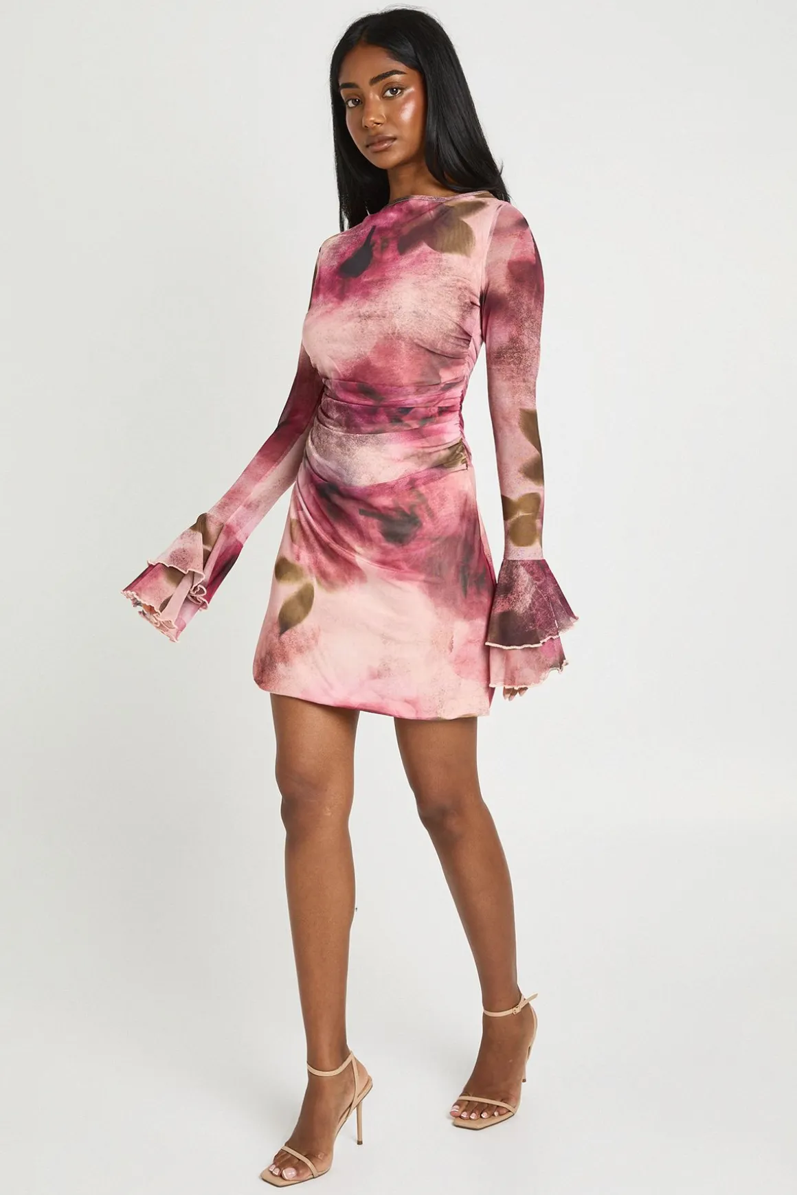 Robe Courte En Maille À Imprimé Floral Flou Et Manches Évasées