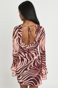 Robe Courte En Mesh À Imprimé Animal Tonal Avec Manches Évasées