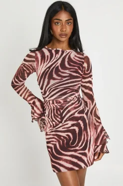Robe Courte En Mesh À Imprimé Animal Tonal Avec Manches Évasées