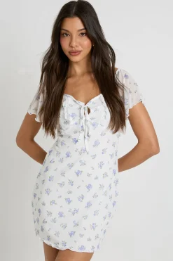 Robe Courte En Mesh À Imprimé Fleuri Ditsy Avec Manches Papillon Et Lien Devant