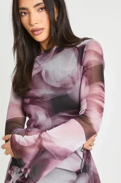 Robe Courte En Mesh À Imprimé Floral Et Manches Évasées