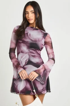 Robe Courte En Mesh À Imprimé Floral Et Manches Évasées