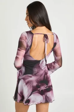 Robe Courte En Mesh À Imprimé Floral Et Manches Évasées