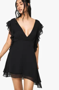 boohoo Robe Courte En Mousseline À Détails De Volants<Femme Robes|Robes Noires